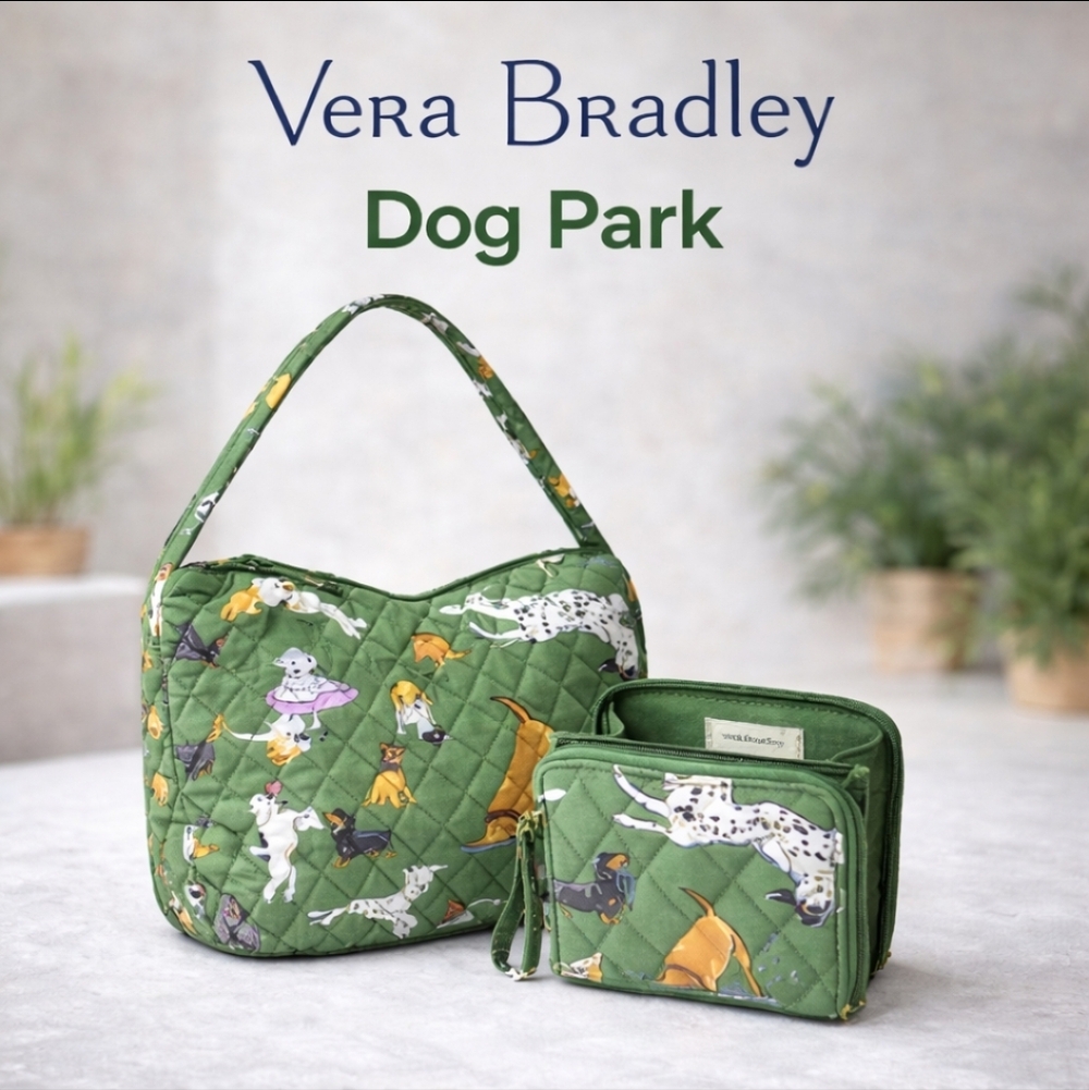 Vera Bradley Dog Park Slouchy Bucket Shoulder Bag + Small Wallet Set NWT $174